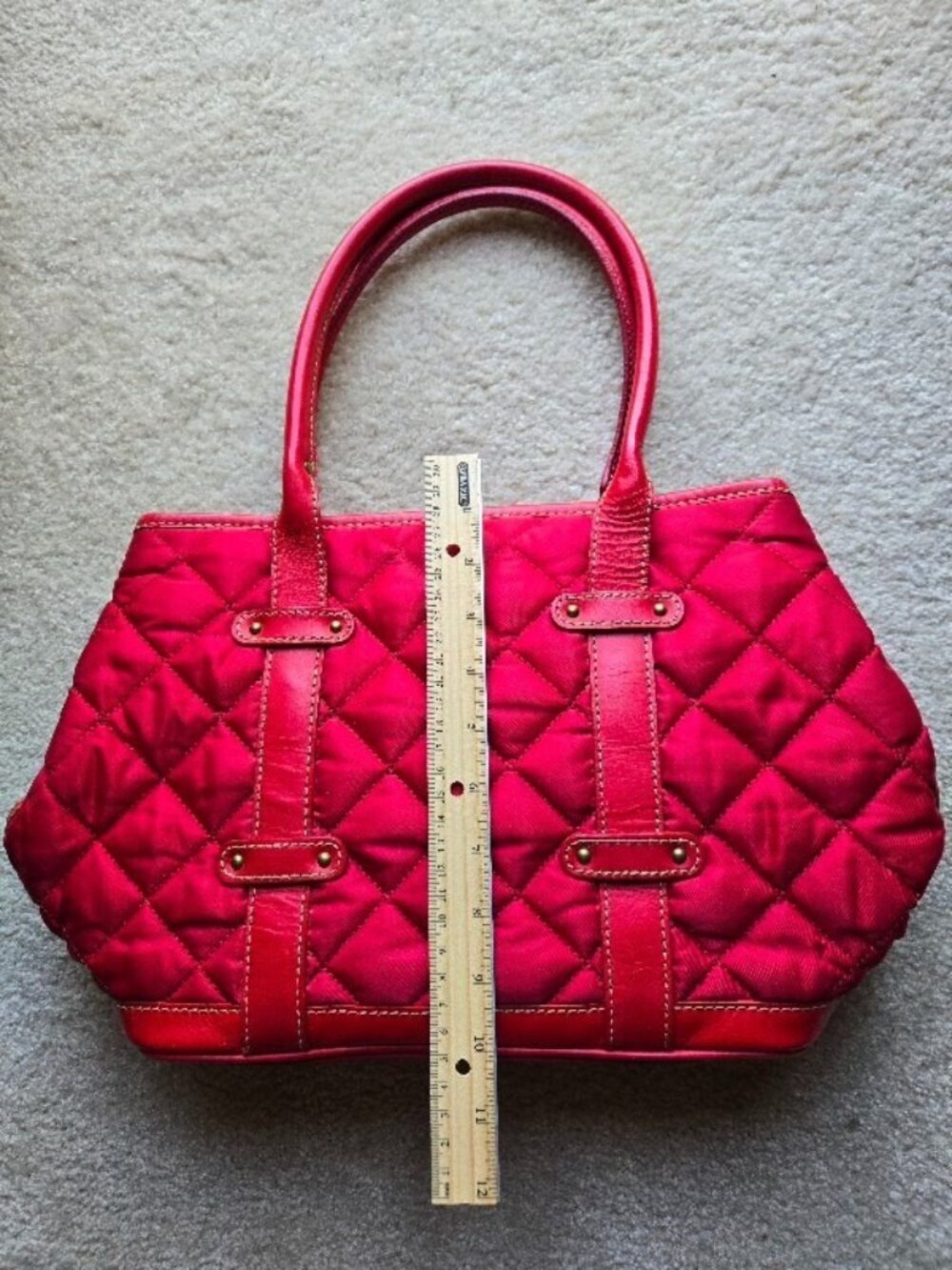 J Crew Red Quilting & Leather Carry All Bucket Purse Handbag Top Handle - Picture 4 of 12